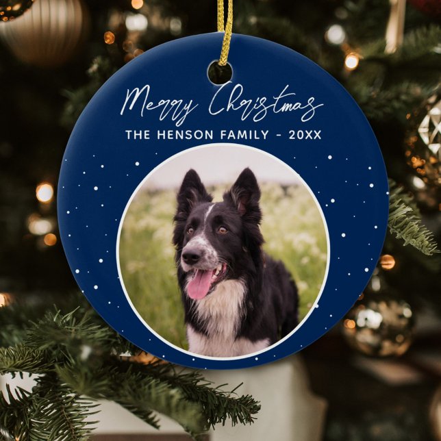 Border Collie Photo Family Merry Christmas Blue Ceramic Ornament (Creator Uploaded)