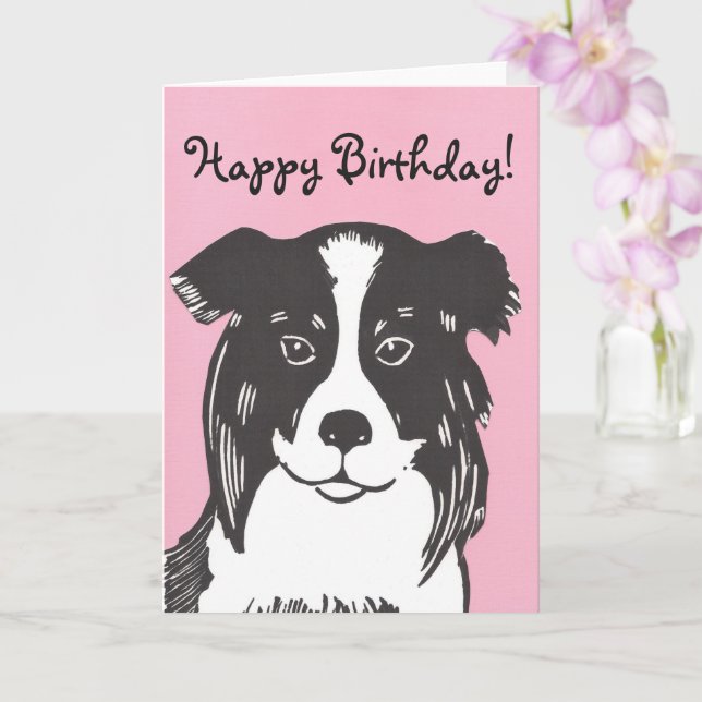 Border Collie Pink Happy Birthday Card (Orchid)