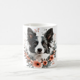 Border Collie Portrait with Floral Frame Coffee Mug