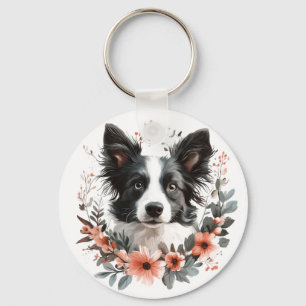 Border Collie Portrait with Floral Frame Keychain