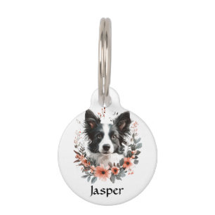Border Collie Portrait with Floral Frame Pet Tag