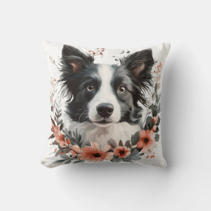  Border Collie Portrait with Floral Frame Throw Pillow