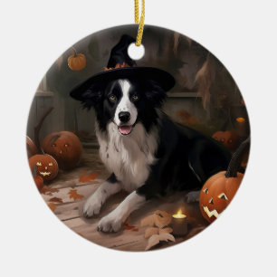 Border Collie Pumpkins Halloween Scary  Ceramic Ornament