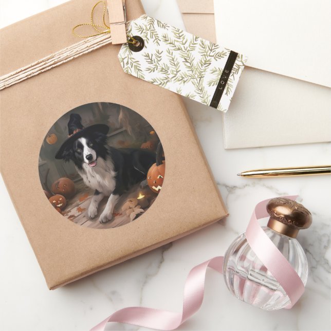 Border Collie Pumpkins Halloween Scary  Classic Round Sticker (Gifting)