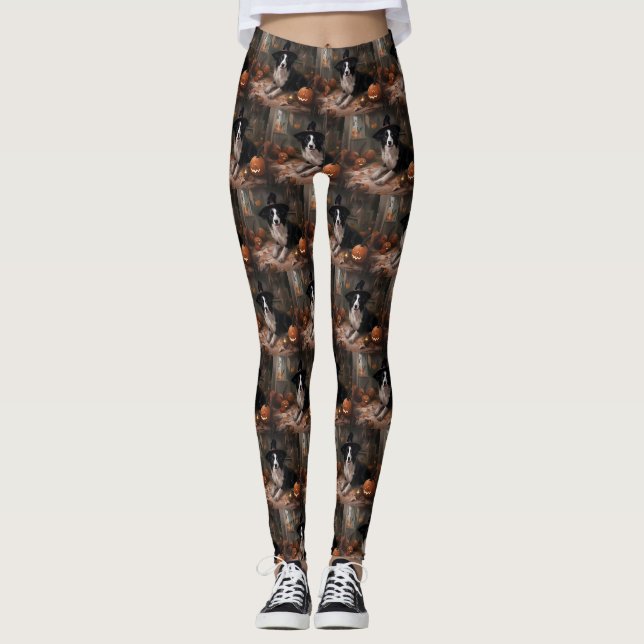Border Collie Pumpkins Halloween Scary  Leggings (Front)