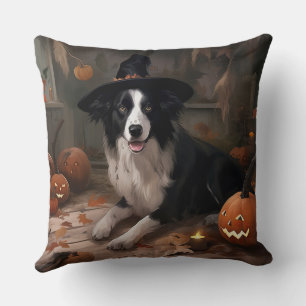 Border Collie Pumpkins Halloween Scary  Throw Pillow