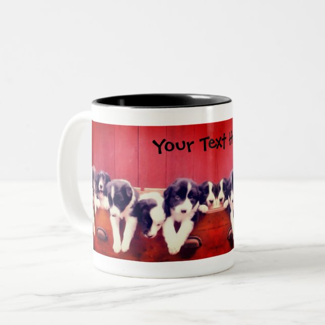 Border Collie Puppies In Drawer Personalized Two-Tone Coffee Mug (Front Left)