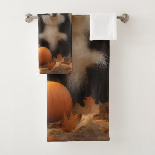 Border Collie Puppy Autumn Delight Pumpkin Bath Towel Set