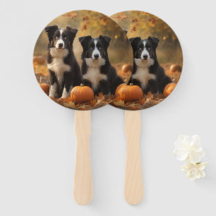 Border Collie Puppy Autumn Delight Pumpkin Hand Fan