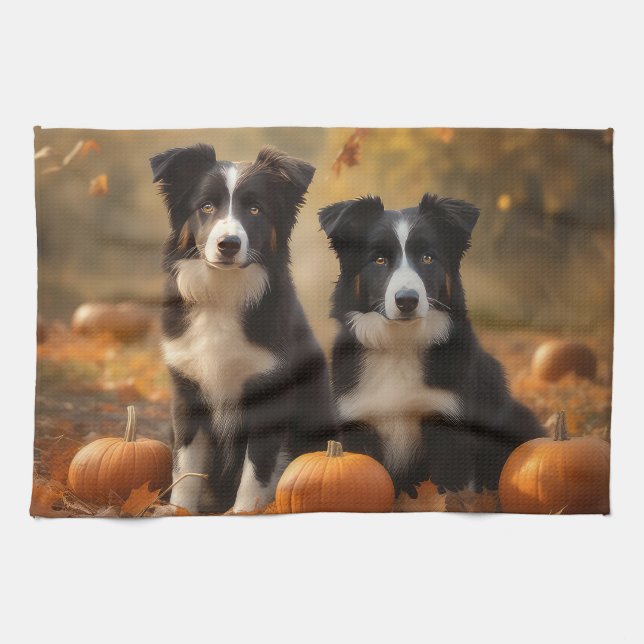 Border Collie Puppy Autumn Delight Pumpkin Kitchen Towel (Horizontal)