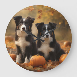 Border Collie Puppy Autumn Delight Pumpkin Large Clock