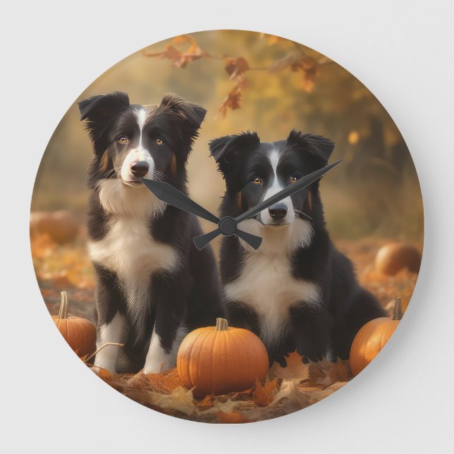 Border Collie Puppy Autumn Delight Pumpkin Large Clock (Front)