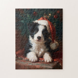 Border Collie Puppy Christmas Painting Jigsaw Pu Puzzle