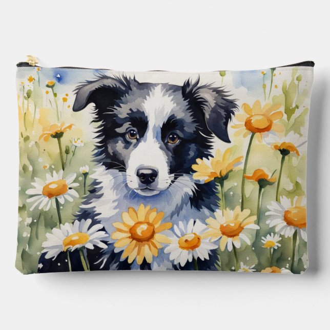 Border Collie Puppy Daisy Accessory Pouch Bag (Front)