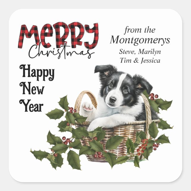 Border Collie Puppy Holly Basket Christmas Square Sticker (Front)