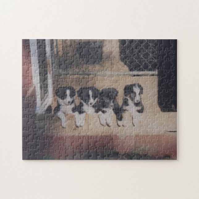 Border Collie Puppy Litter Oil Painting  Jigsaw Puzzle (Horizontal)