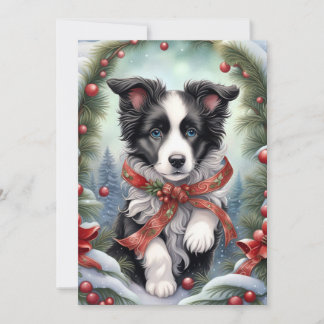Border Collie Puppy Ribbons Winter Woodlands Holiday Card