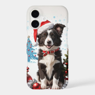 Border Collie Puppy Wearing a Red Christmas Hat