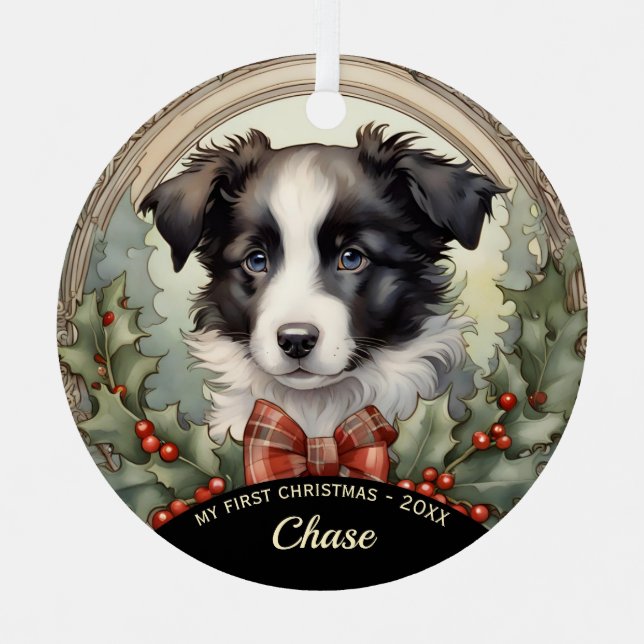 Border Collie Puppy's First Christmas Ornament (Front)