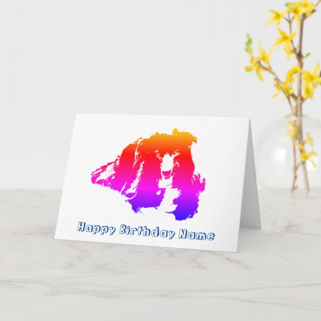 Border Collie Rainbow Colour Personalized Birthday Card (Yellow Flower)