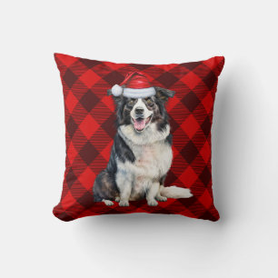 Border Collie Red Buffalo Plaid Christmas Dog Throw Pillow