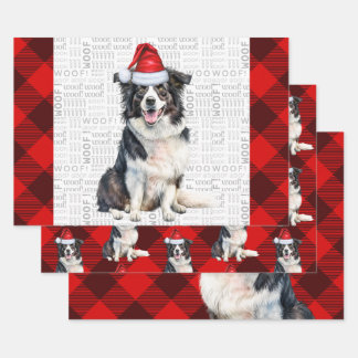 Border Collie Red Buffalo Plaid Christmas Wrapping Paper Sheet