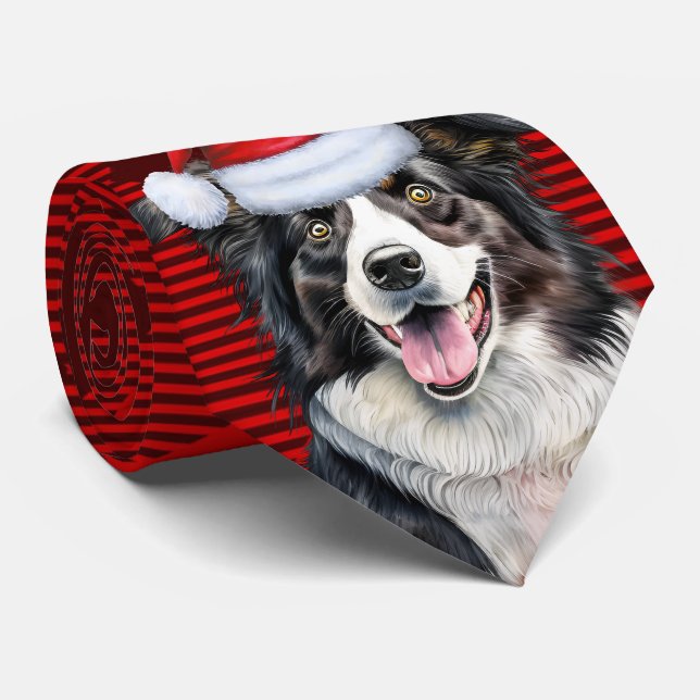 Border Collie Red Buffalo Plaid Holiday Christmas Tie (Rolled)