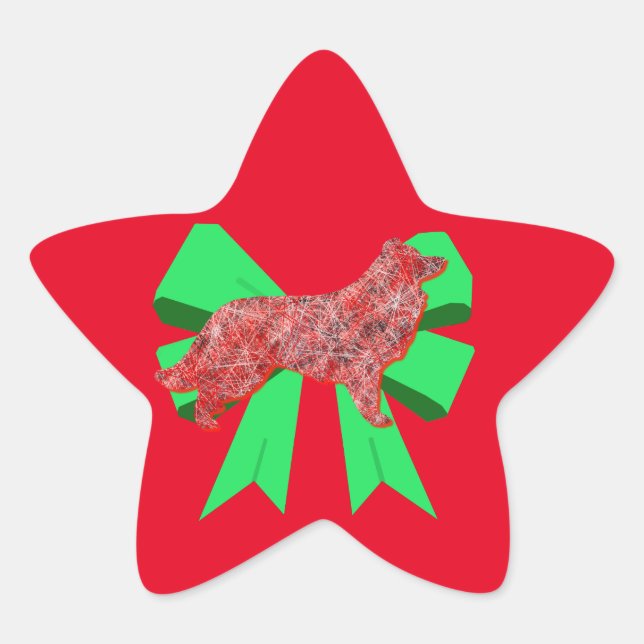 Border Collie Red Dog & Green Bow Christmas Star Sticker (Front)