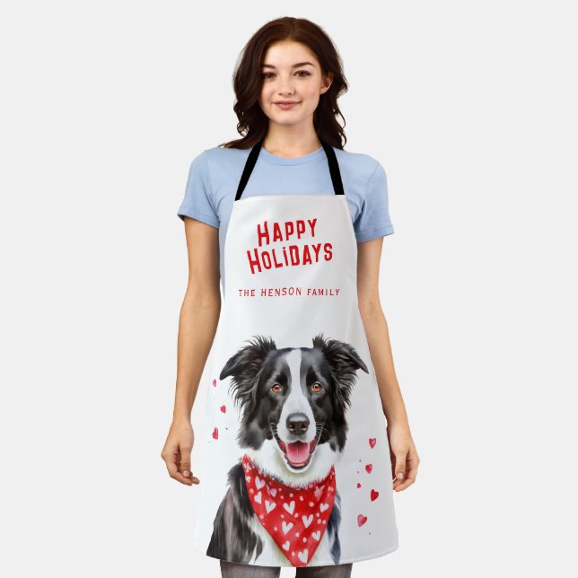 Border Collie Red Heart Bandana Christmas  Apron (Worn)