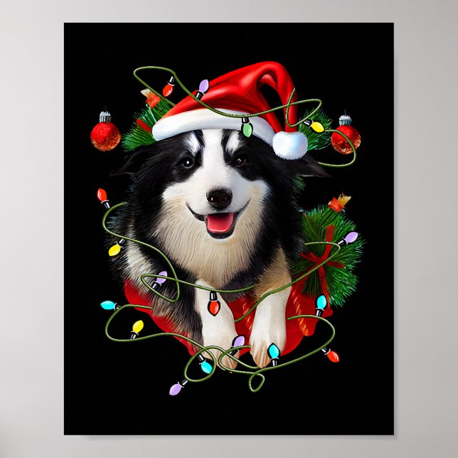 Border Collie Reindeer Santa Hat Xmas Lights Chris Poster (Front)