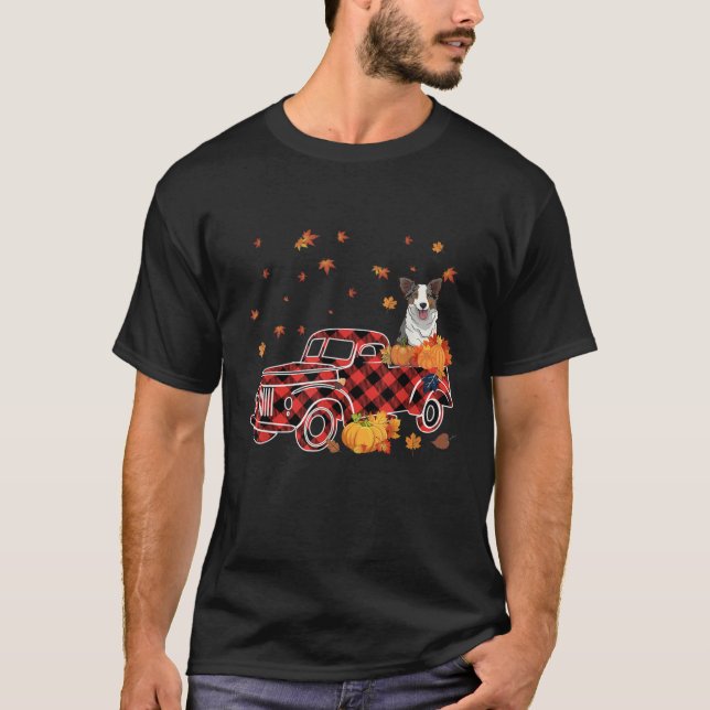 Border Collie Riding Leopard Plaid Truck Thanksgiv T-Shirt (Front)