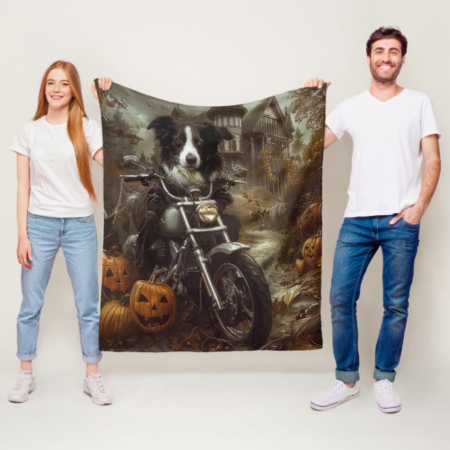Border Collie Riding Motorcycle Halloween Scary Fleece Blanket (In Situ)
