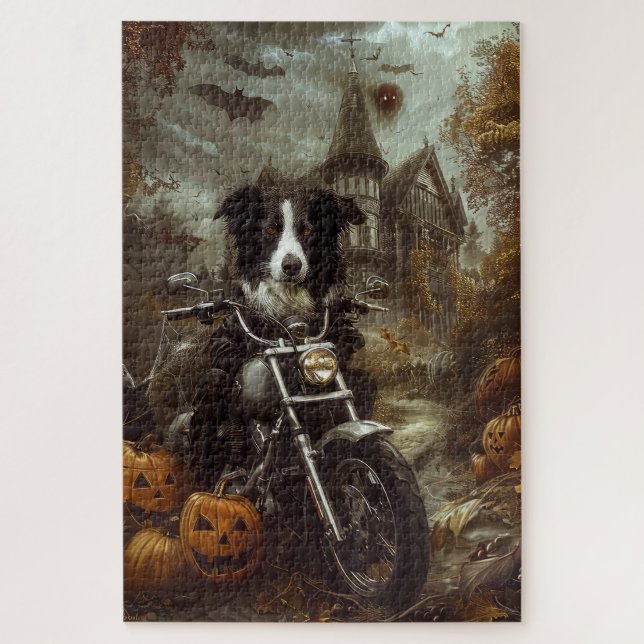 Border Collie Riding Motorcycle Halloween Scary Jigsaw Puzzle (Vertical)
