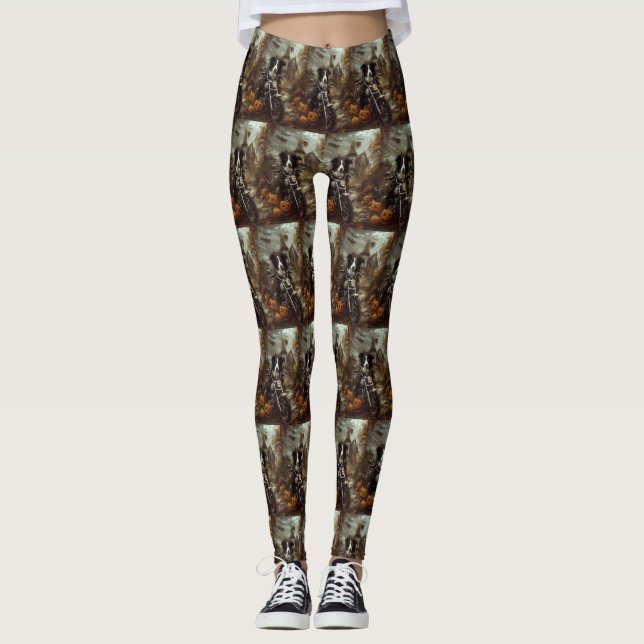 Border Collie Riding Motorcycle Halloween Scary Leggings (Front)