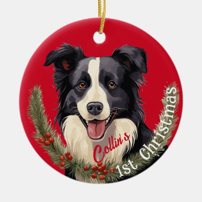 Border Collie’s First Christmas Ceramic Ornament (Front)