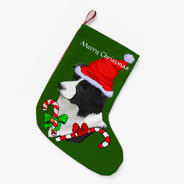 Border Collie Santa Hat Christmas Small Christmas Stocking (Front (Hanging))