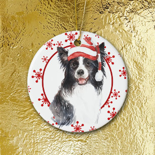 Border Collie Santa Hat Red Snowflake Template Ceramic Ornament