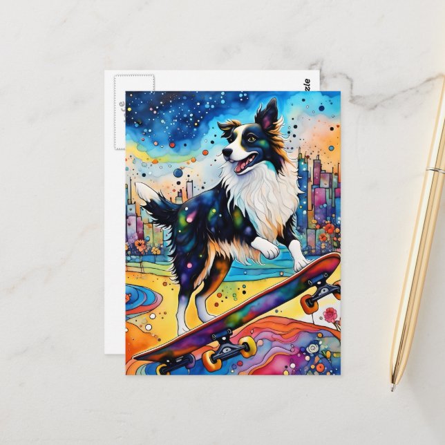Border Collie Skateboarding Postcard (Front/Back In Situ)
