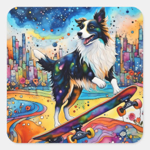Border Collie Skateboarding Square Sticker
