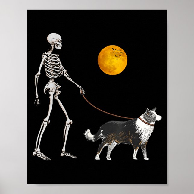 Border Collie Skeleton Dog Walking Halloween Poster (Front)