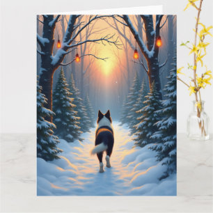 Border Collie Snowy Forest Walk Holiday Painting Card