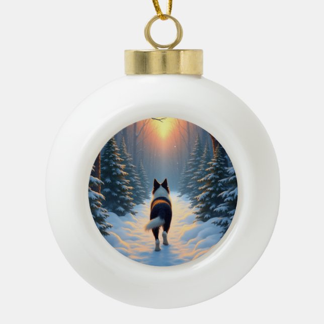 Border Collie Snowy Forest Walk Holiday Painting Ceramic Ball Christmas Ornament (Front)
