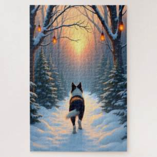 Border Collie Snowy Forest Walk Holiday Painting Jigsaw Puzzle