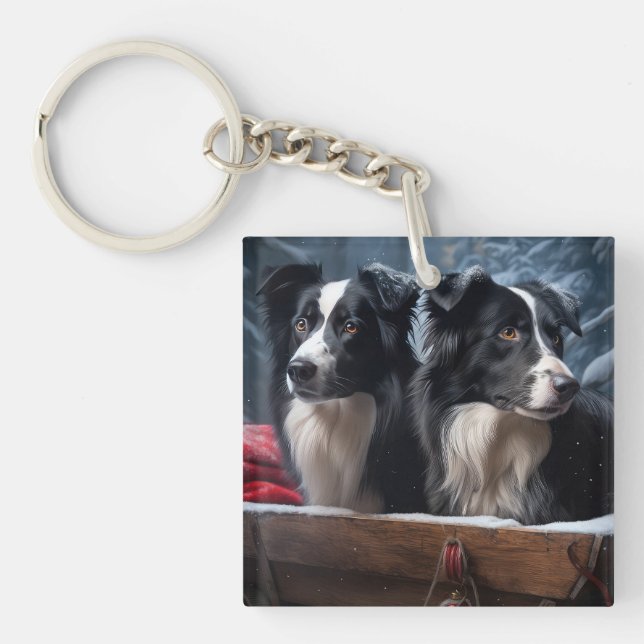 Border Collie Snowy Sleigh Christmas Decor  Keychain (Front)