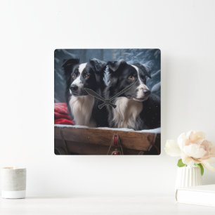 Border Collie Snowy Sleigh Christmas Decor   Square Wall Clock