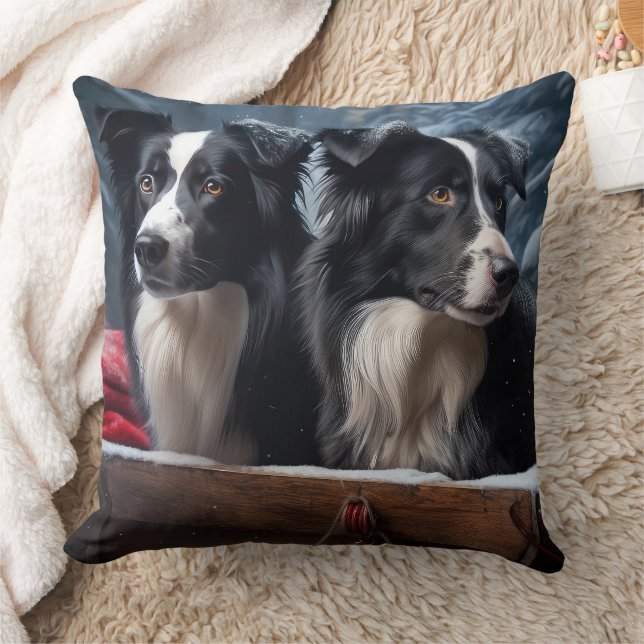 Border Collie Snowy Sleigh Christmas Decor   Throw Pillow (Blanket)