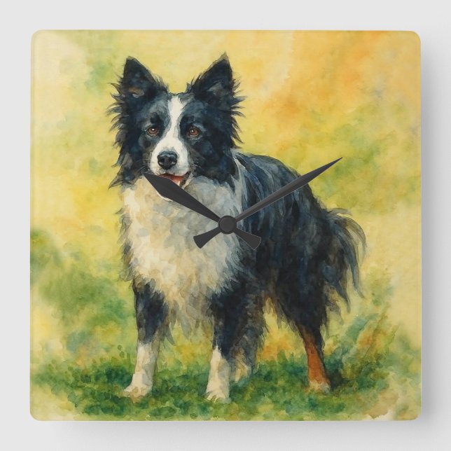 Border Collie Square Wall Clock (Front)