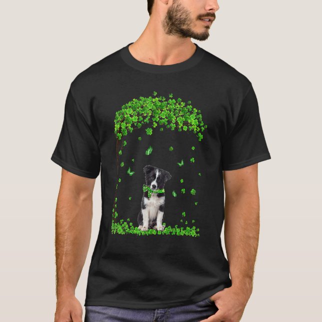 Border Collie St Patricks Day Irish Shamrock Dog L T-Shirt (Front)