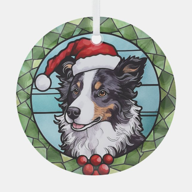 Border Collie Stained Glass Christmas Glass Ornament (Front)