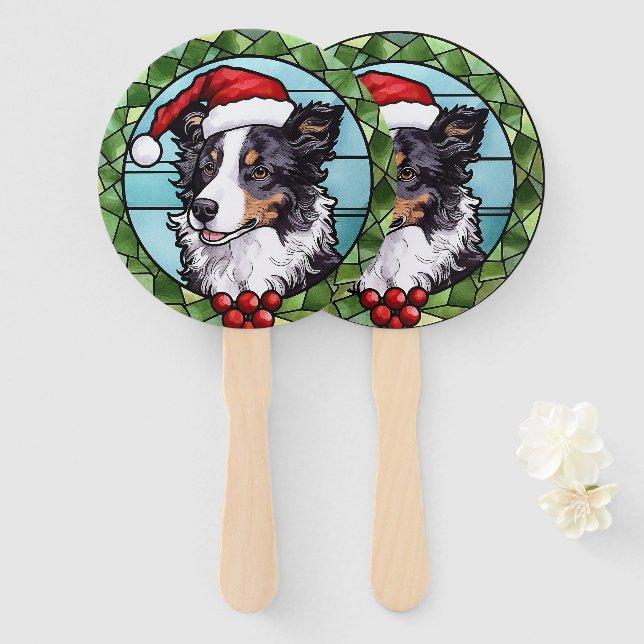 Border Collie Stained Glass Christmas Hand Fan (Front and Back)